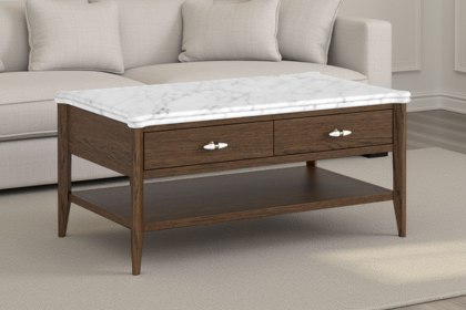 Florence Walnut Stained Oak Storage Coffee Table with Marble Top