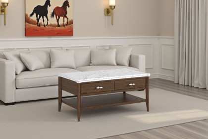 Florence Walnut Stained Oak Storage Coffee Table with Marble Top