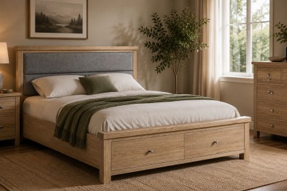 Normandy White Wash Storage Bedframe with Grey Fabric Headboard Normandy White Wash Storage Bedframe with Grey Fabric Headboard