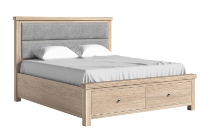 Normandy White Wash Storage Bedframe with Grey Fabric Headboard