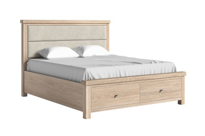 Normandy White Wash Storage Bedframe with Cream Herringbone Headboard