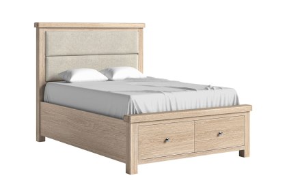 Normandy White Wash Storage Bedframe with Cream Herringbone Headboard