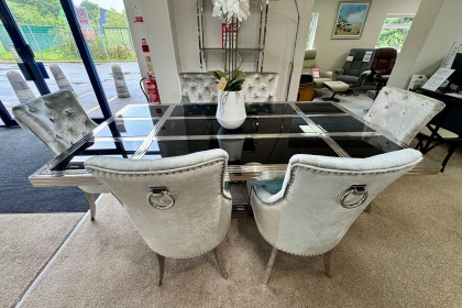 Ex-Display Liskeard - Chrome Glass Dining Table + 6 Chairs Ex-Display Liskeard - Chrome Glass Dining Table + 6 Chairs
