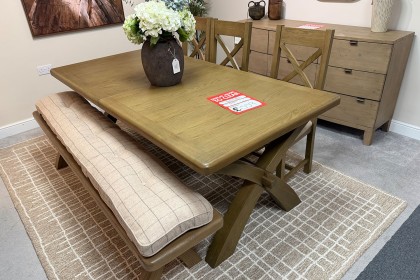 Ex-Display Truro - Smoked Oak 2.0m Cross Leg Extending Dining Table + 2.0m Bench Natural + x4 Cross Ex-Display Truro - Smoked Oak 2.0m Cross Leg Extending Dining Table + 2.0m Bench Natural + x4 Cross