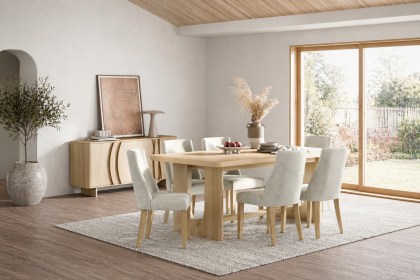 Cara Oak Large 200-245cm Extending Dining Table Set + 6 Luna Dining Chairs in Beige