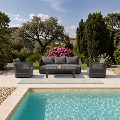 Ares 5 Seater Luxury Lounge Set in Onyx Aluminium & Pebble Grey Cushions