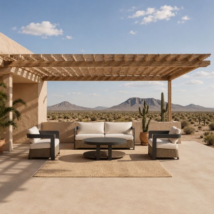 Selene 5 Seater Luxury Lounge Set in Onyx Aluminium, Woven Base & Sintered Stone Table