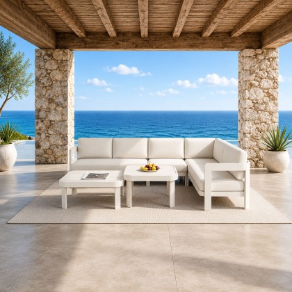 Sofia 6 Seater Luxury Corner Sofa Set in Taupe Aluminium & Slat Tables