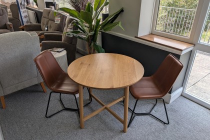 Ex-Display Newquay - Gallery Direct Kingham Round Dining Table + 2 Hawking Brown Chairs Ex-Display Newquay - Gallery Direct Kingham Round Dining Table + 2 Hawking Brown Chairs