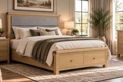 Normandy Chunky Country Oak Storage Bedframe with Grey Fabric Headboard Normandy Chunky Country Oak Storage Bedframe with Grey Fabric Headboard