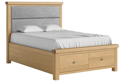 Normandy Chunky Country Oak Storage Bedframe with Grey Fabric Headboard