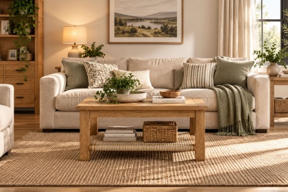 Salisbury Waxed Premium Oak Coffee Table with Woven Rope Shelf Salisbury Waxed Premium Oak Coffee Table with Woven Rope Shelf
