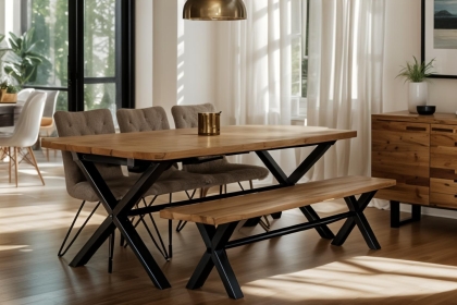 Forge Industrial 190 Dining Table Set with 180cm Bench & 4 Grey Dining Chairs Forge Industrial 190 Dining Table Set with 180cm Bench & 4 Grey Dining Chairs