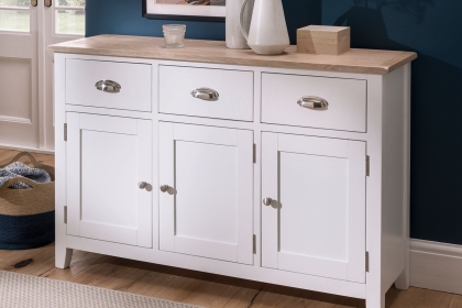 Chester Oak Painted White - Large 3 Door 3 Drawer Sideboard -130cm| F&B All White
