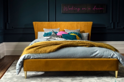 Lotus Velvet Pleated Bed Frame in Yellow Turmeric