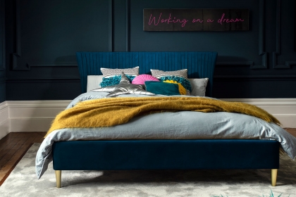 Lotus Velvet Pleated Bed Frame in Teal Blue