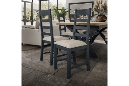 Smoked Painted Blue Oak Slatted Dining Chair Natural Check