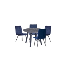 1.1m Concrete Round Dining Table Set with 4 x Retro Blue Velvet Chairs