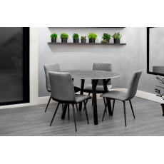 1.1m Concrete Round Dining Table Set with 4 x Retro Grey Velvet Chairs