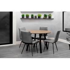 1.1m Oak Finish Round Dining Table Set with 4 x Retro Grey Velvet Chairs