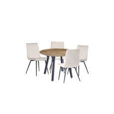 1.1m Oak Finish Round Dining Table Set with 4 x Retro Taupe Velvet Chairs