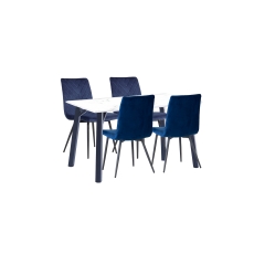 1.2m Marble Dining Table Set with 4 x Retro Blue Velvet Chairs