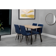 1.2m Oak Finish Dining Table Set with 4 x Retro Blue Velvet Chairs