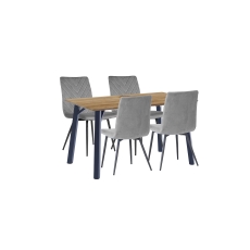 1.2m Oak Finish Dining Table Set with 4 x Retro Grey Velvet Chairs