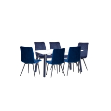 1.8m Marble Dining Table Set with 6 x Retro Blue Velvet Chairs