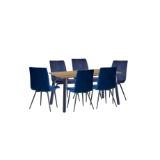 1.8m Oak Finish Dining Table Set with 6 x Retro Blue Velvet Chairs