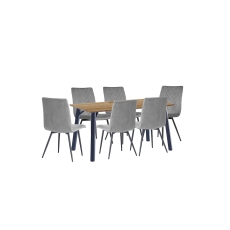 1.8m Oak Finish Dining Table Set with 6 x Retro Grey Velvet Chairs