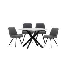 1.2m Round White Sintered Stone Dining Table Set & 4 Grey Velvet Chairs