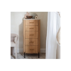 Rufus Reeded Mango Wood & Marble 5 Drawer Tall Chest of Drawers