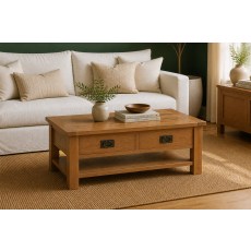 Salisbury Waxed Premium Oak Large Coffee Table With Drawer And Shelf - Self Assembly