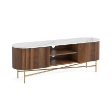 Harvard Reeded Mango Wood Large Media TV Stand with Marble Top