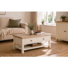 Modern Country Painted Oak Coconut White Coffee Table with Shelf