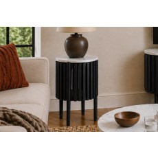 Soho Black Oak Slatted Story Side Table with Marble Top