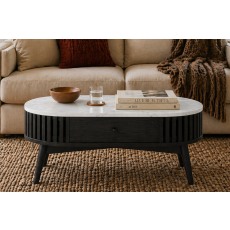 Soho Black Oak Slatted Oval Coffee Table with Marble Top