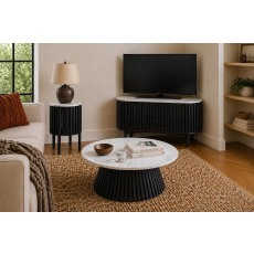 Soho Black Oak Slatted Round Coffee Table with Marble Top