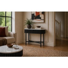 Soho Black Oak Slatted Oval Console Table with Marble Top