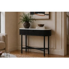 Soho Black Oak Slatted Oval Console Table with Marble Top