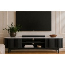 Soho Black Oak Slatted Large TV Unit with Marble Top