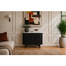 Soho Black Oak Slatted Small Sideboard with Marble Top