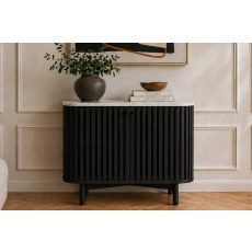 Soho Black Oak Slatted Small Sideboard with Marble Top