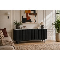 Soho Black Oak Slatted Large Sideboard with Marble Top