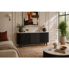 Soho Black Oak Slatted Sideboard with Drawers & Marble Top