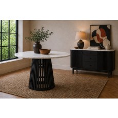 Soho Black Oak Slatted Round Dining Table with Marble Top