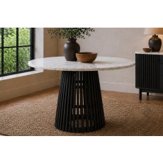 Soho Black Oak Slatted Round Dining Table with Marble Top