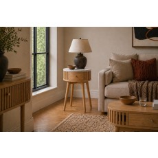 Soho Natural Oak Slatted Round Side Table with Marble Top