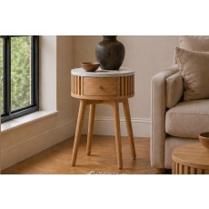 Soho Natural Oak Slatted Round Side Table with Marble Top